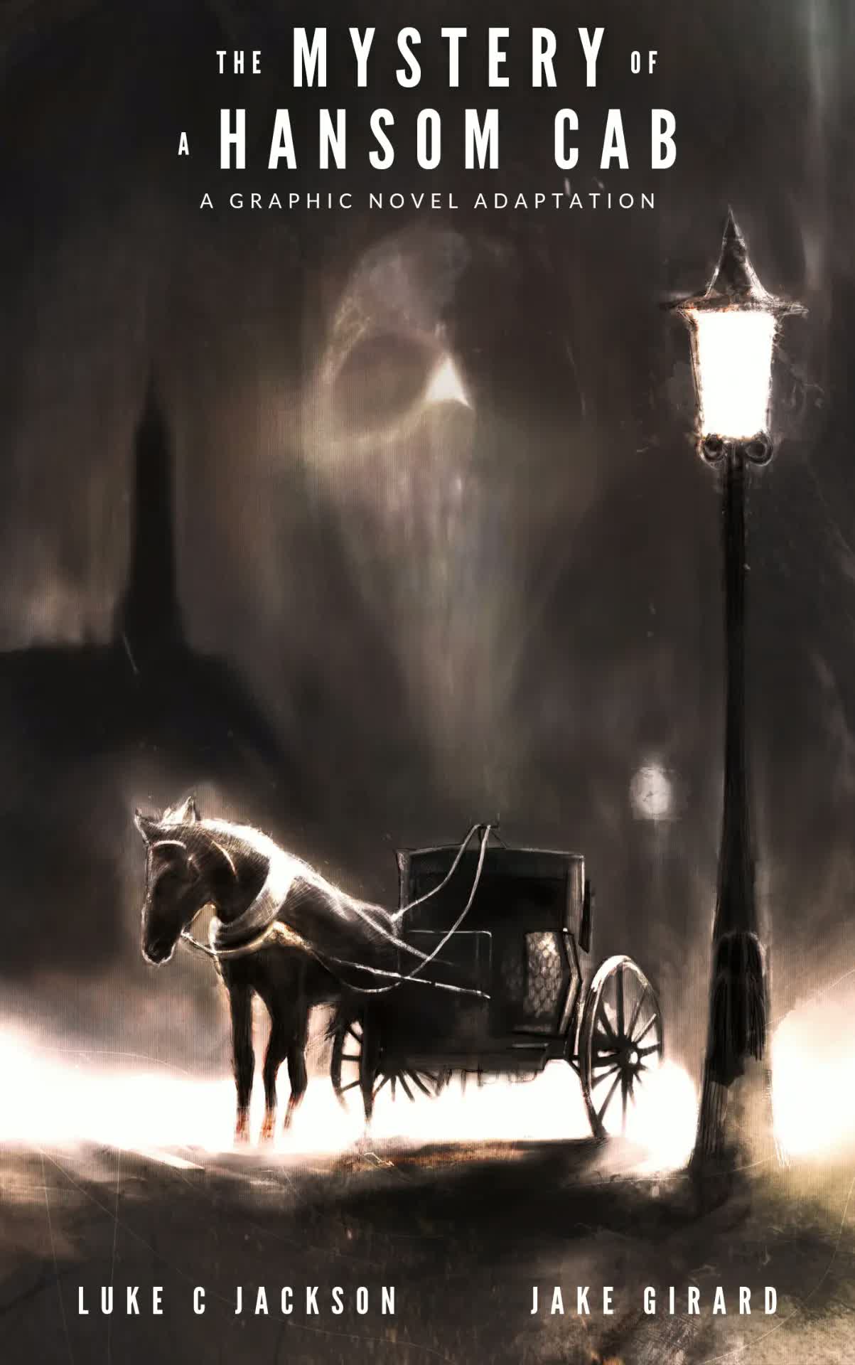 Cover of The Mystery of a Hansom Cab graphic novel adaptation — a horse-drawn cab at night beneath a glowing street lamp
