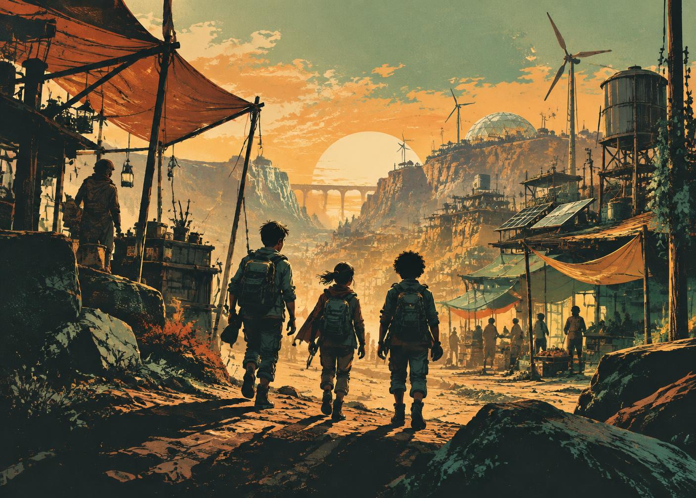 Three young figures entering a sunlit speculative settlement