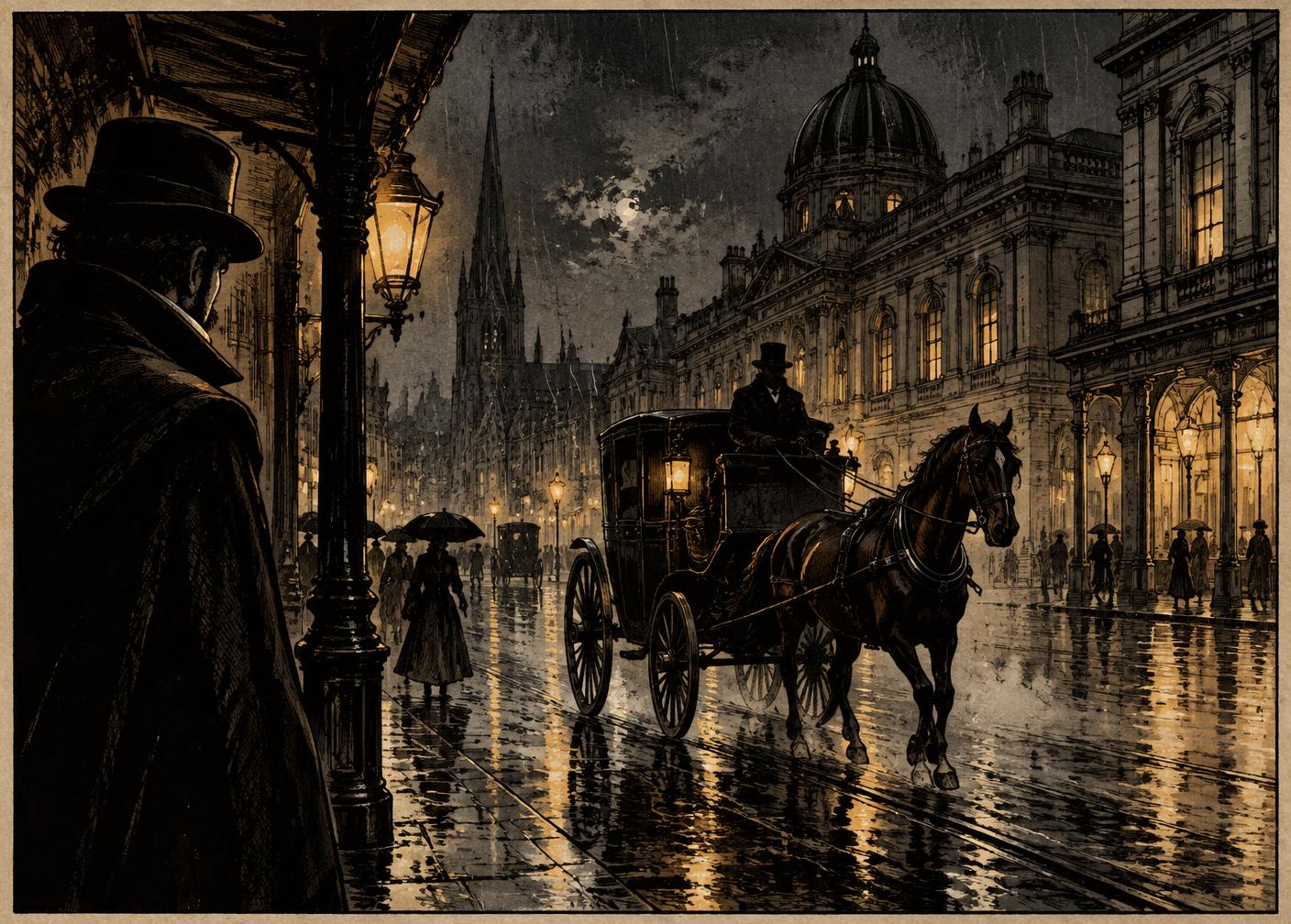 Illustrated hansom cab travelling through rainy nineteenth-century Melbourne