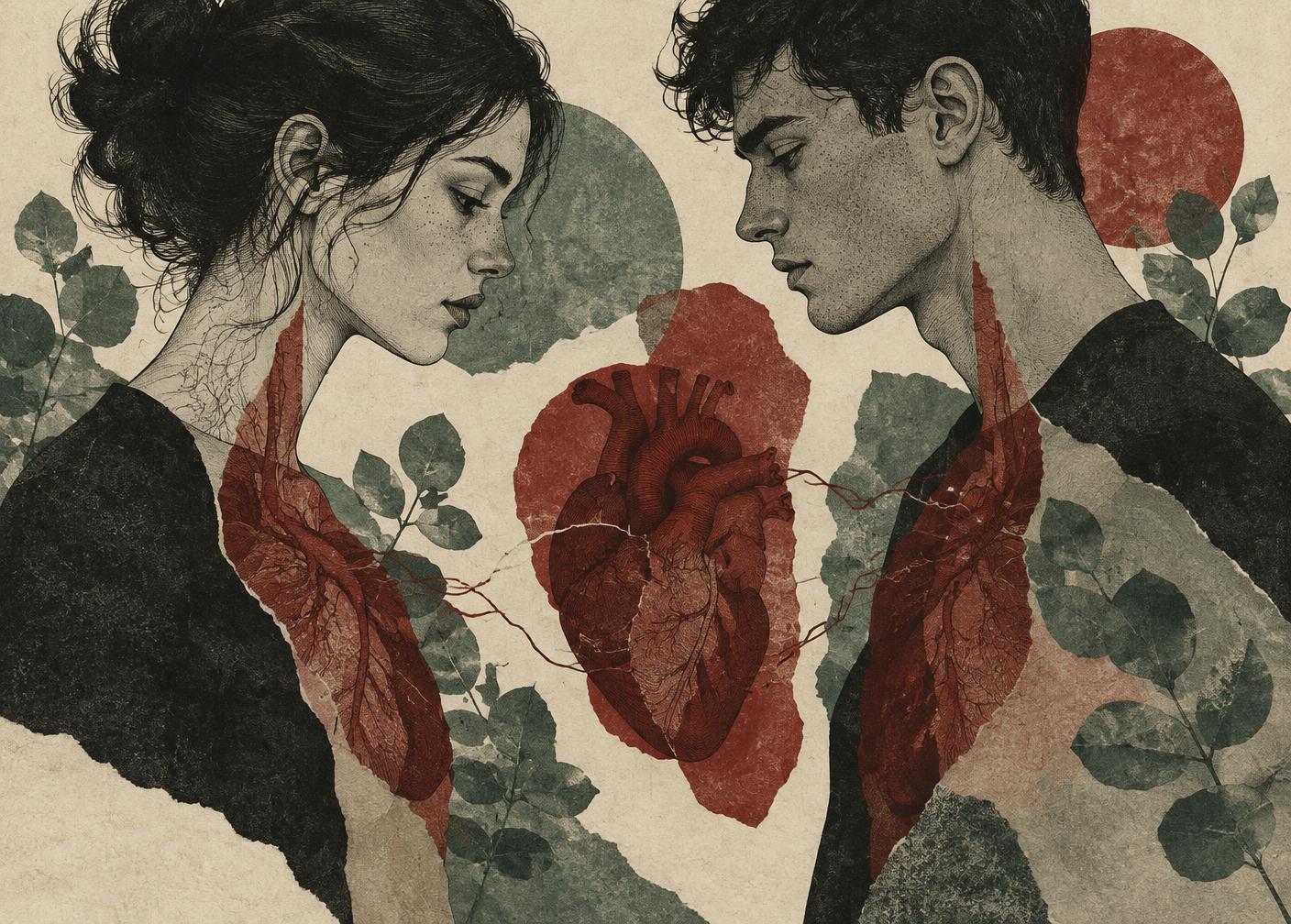 Concept artwork of two young people and a layered anatomical heart
